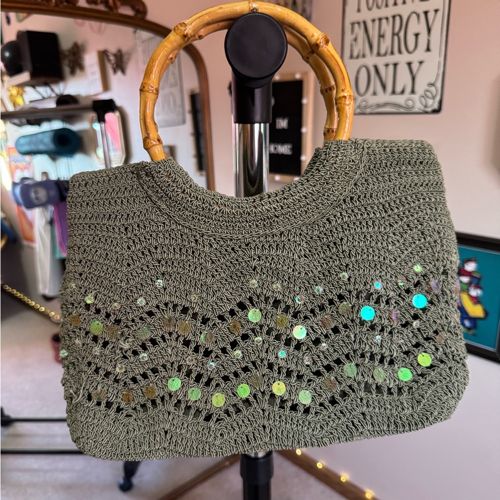 Elegant Green Crochet Handbag with Bamboo Handle